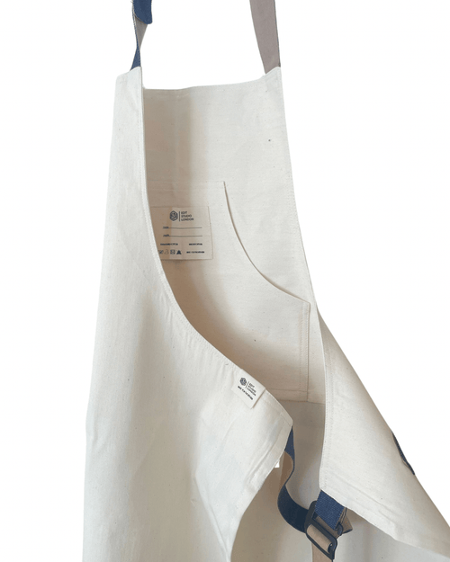 Chef Apron in off-white reclaimed canvas with denim and brown straps — Edit Studio London
