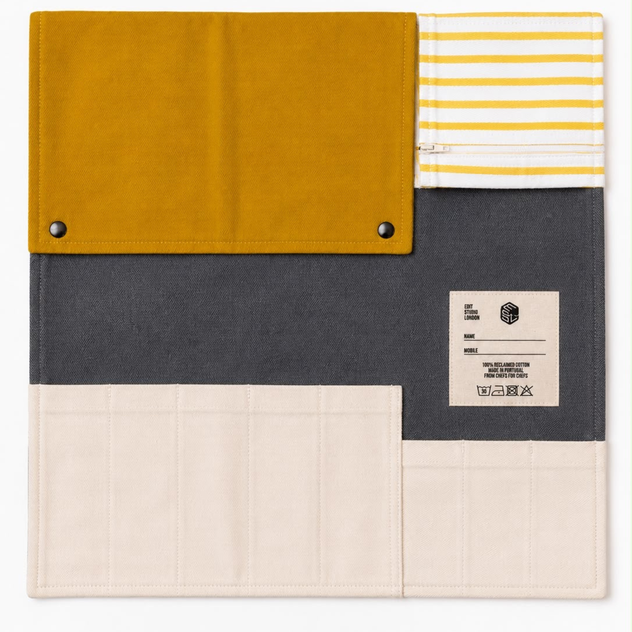 Knife Sleeper 2.0 chef knife roll in green and yellow reclaimed canvas — Edit Studio London