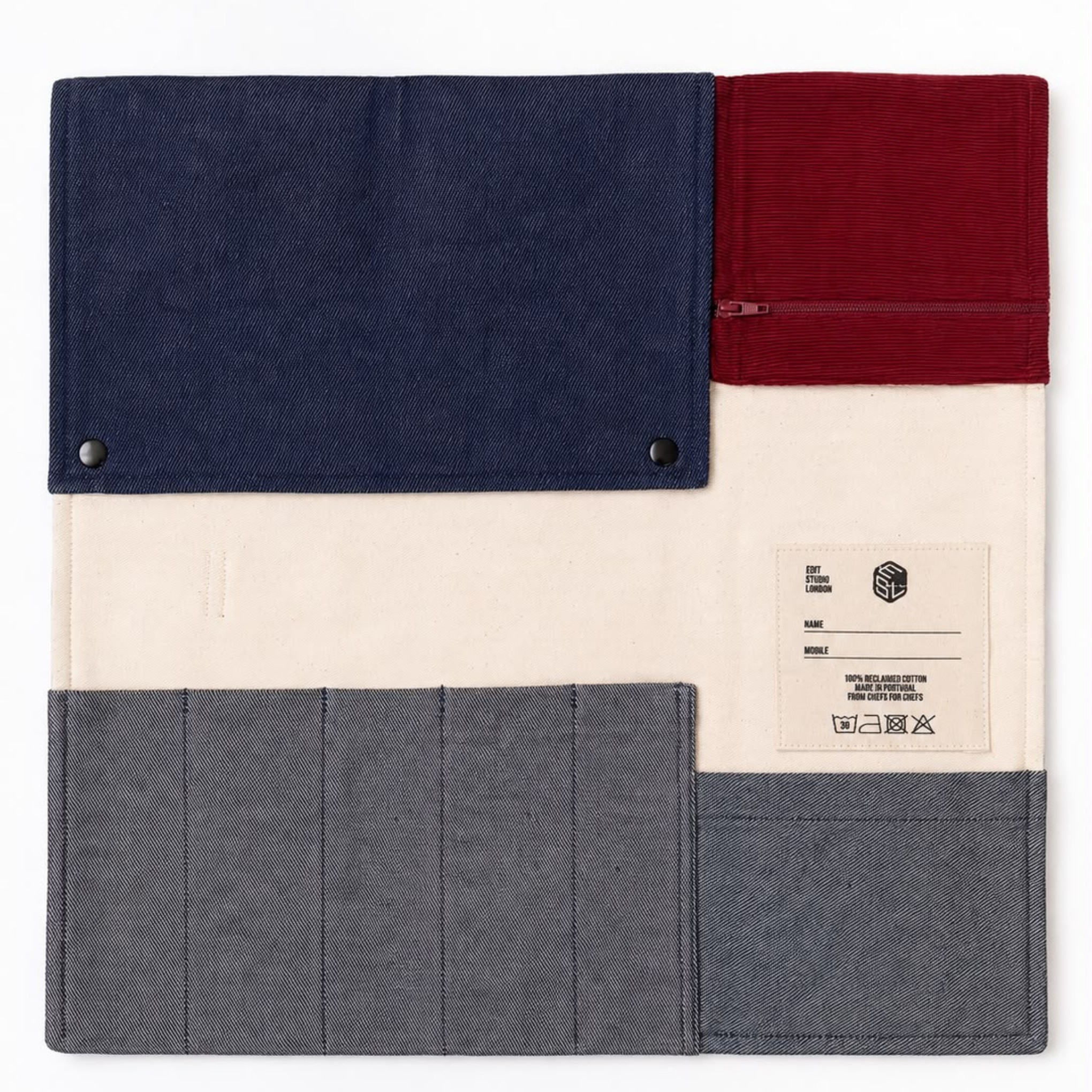 Knife Sleeper 2.0 chef knife roll in off-white, burgundy and denim reclaimed canvas — Edit Studio London