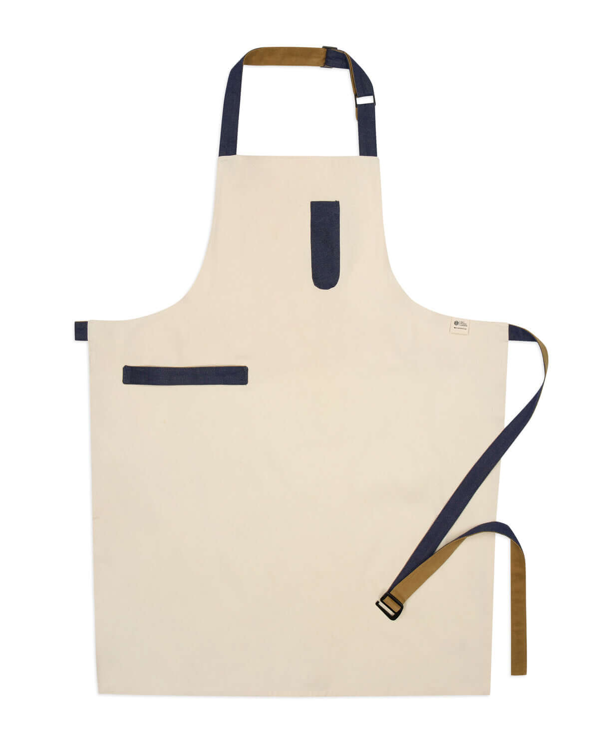 Chef Apron in off-white reclaimed canvas with denim and brown straps — Edit Studio London
