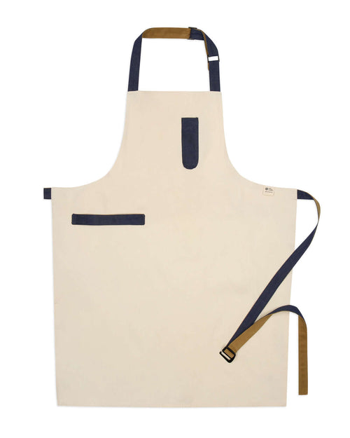 Chef Apron in off-white reclaimed canvas with denim and brown straps — Edit Studio London