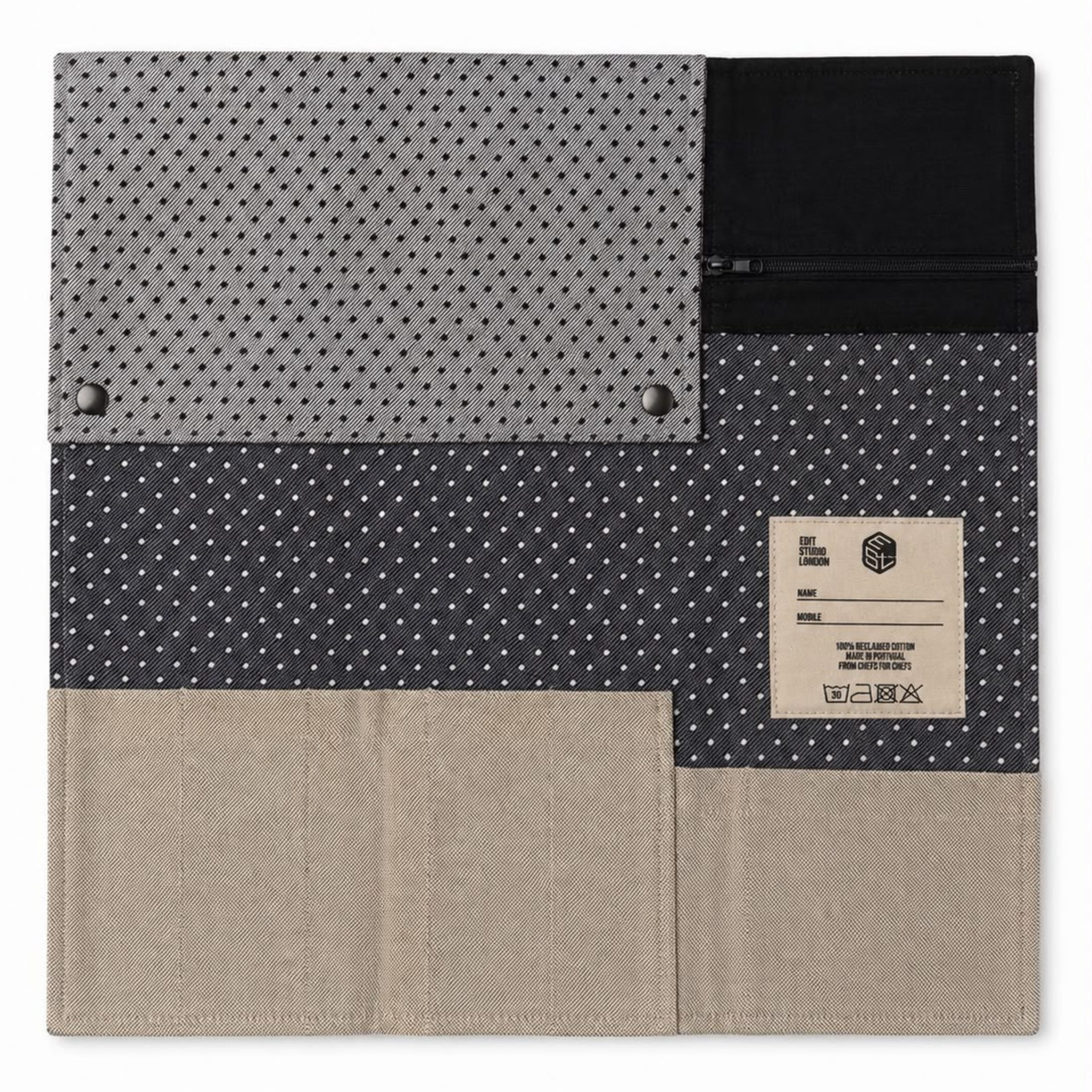Knife Sleeper 2.0 chef knife roll in black, white and dotted reclaimed canvas — Edit Studio London