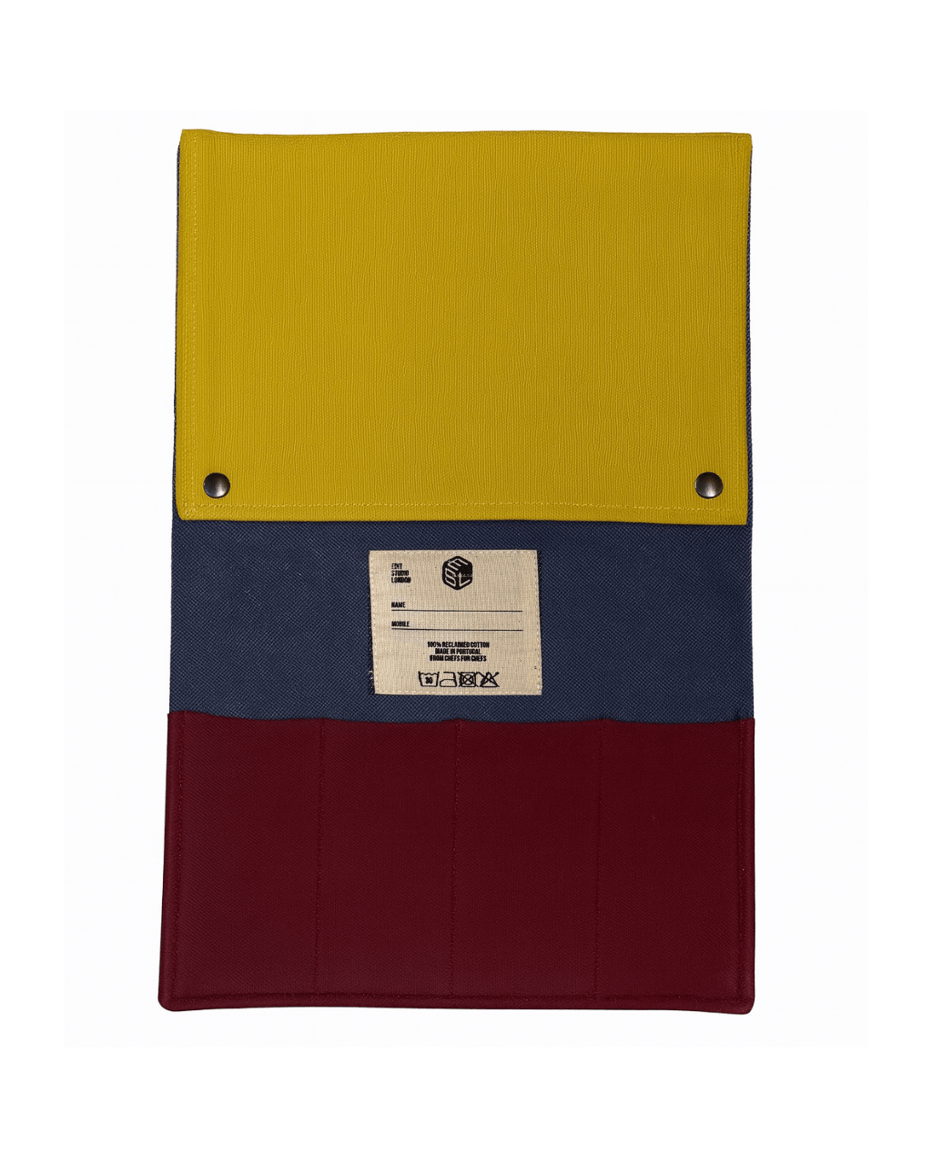 Demi Knife Sleeper in denim, yellow and burgundy reclaimed canvas — Edit Studio London