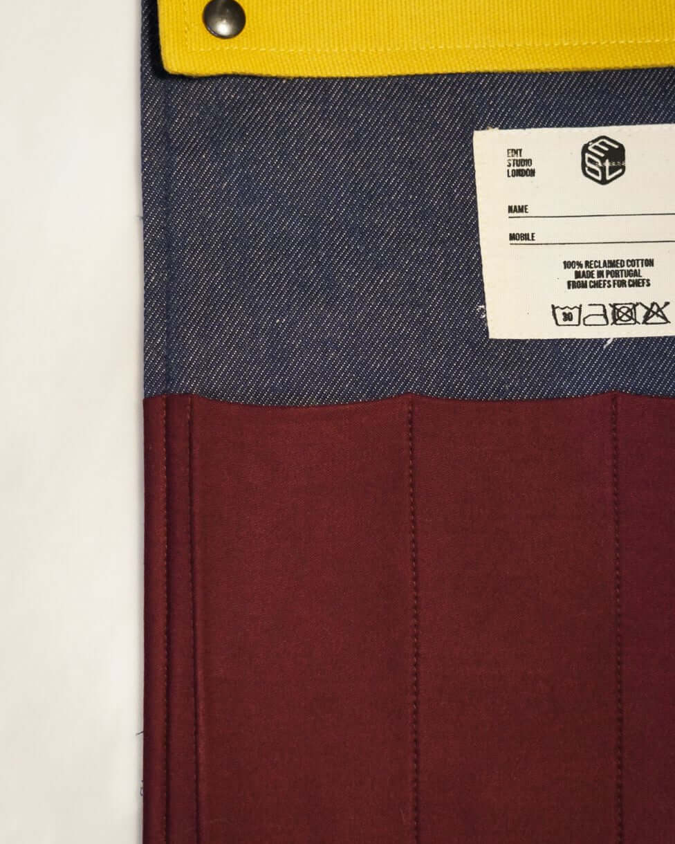 Demi Knife Sleeper in denim, yellow and burgundy reclaimed canvas — Edit Studio London